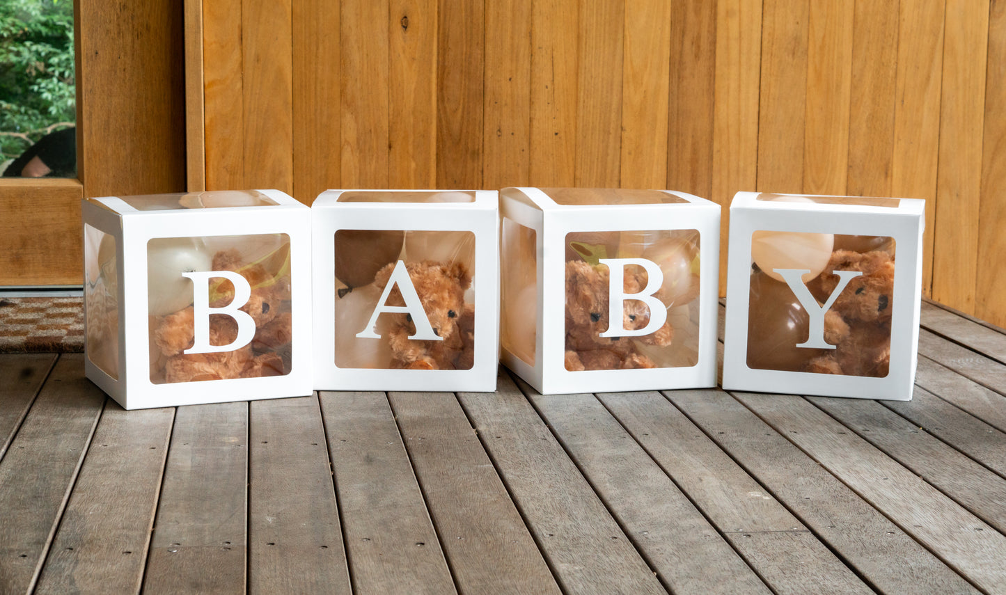 Clear boxes with BABY letters - fill with balloons, or party decorations