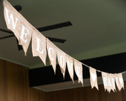 Burlap WELCOME BABY bunting